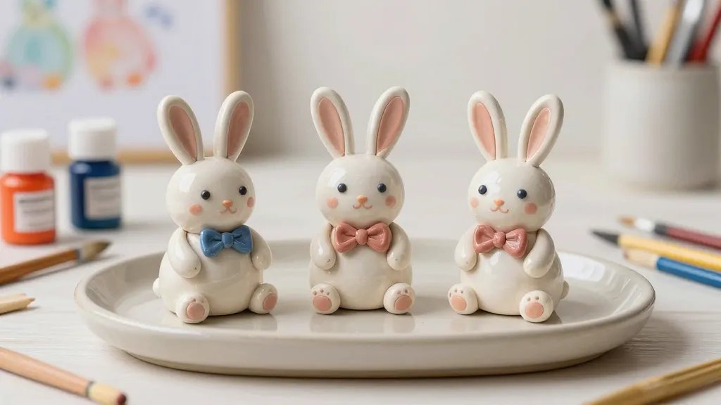 A staged, finished clay bunny display: three adorable squeezable bunnies with glaze shine, each wearing a mini bow tie, positioned on a neutral ceramic tray with soft shadows, surrounded by art supplies (air-dry clay, acrylic paints, small brushes) and a faint, out-of-focus crafting backdrop to evoke a cozy DIY studio vibe.