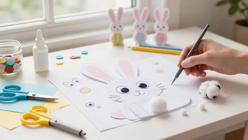 A bright, cozy craft table scene featuring a beginner-friendly Easter bunny under soft window light. Supplies scattered: construction paper, felt, glue, scissors, markers, googly eyes, cotton balls, and a partially formed paper bunny with big googly eyes and a fluffy cotton tail. Include playful hand-drawn sketches on the table, a small jar of buttons, and a few completed mini bunnies in the background, all in warm pastel tones.
