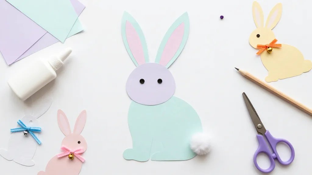 A whimsical flat lay of multiple simple bunny crafts in progress on a clean white surface. Central bunny made from colored paper with button eyes and a cotton-ball tail, surrounded by scraps, a glue bottle, a pair of kid-safe scissors, a pencil, and a few finished small bunnies with tiny bells or yarn bows. The color palette should be soft Easter-inspired pastels and the scene should feel cheerful and beginner-friendly.