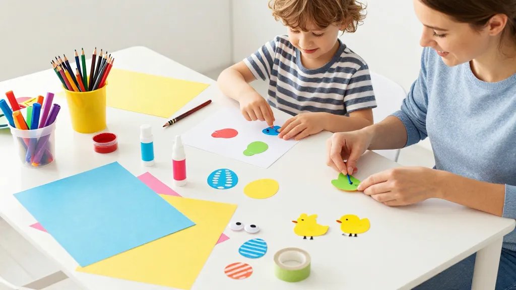 A bright, child-friendly Easter crafting table setup with mess-free materials: washable markers, colored pencils, crayons, colored paper, origami sheets, pre-cut shapes (eggs, bunnies, chicks), glue sticks, double-sided tape, googly eyes, stickers, and washi tape arranged in small, labeled containers; a happy toddler and caregiver smiling as they assemble a small keepsake on a clean surface, no glitter or paint cups in view.