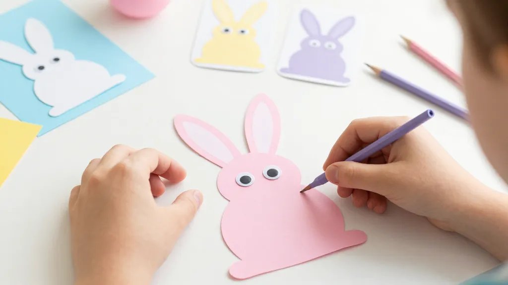 Close-up scene of a simple, mess-free Easter project in progress: a child placing googly eyes and stickers onto a pre-cut bunny shape made from colored paper, with a few completed keepsake cards or mini bunny/decorations in the background, all materials neatly organized in easy-to-reach spots, soft pastel lighting, no spilled substances.